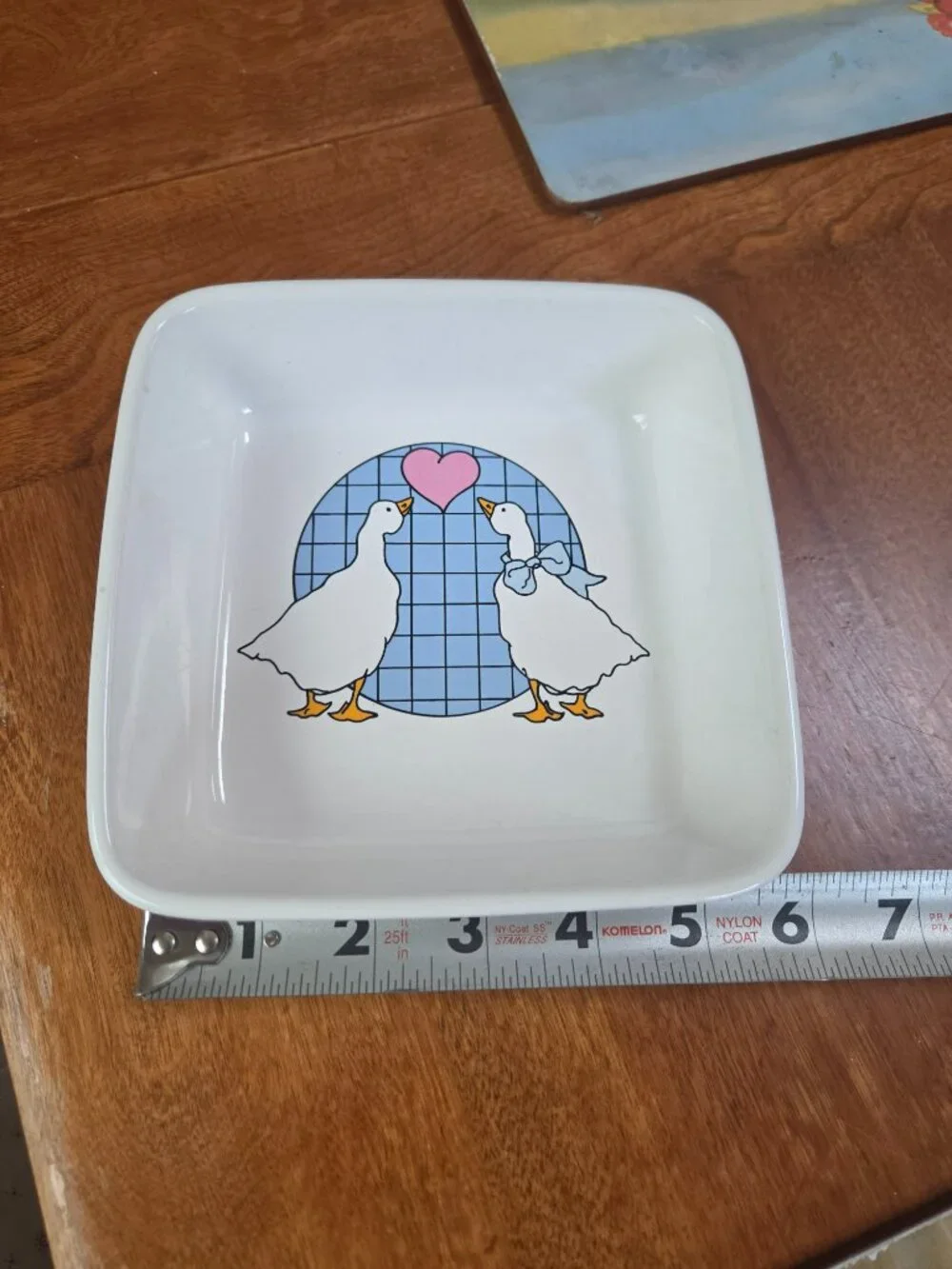 vintage stoneware square dish ducks with bows checkered background